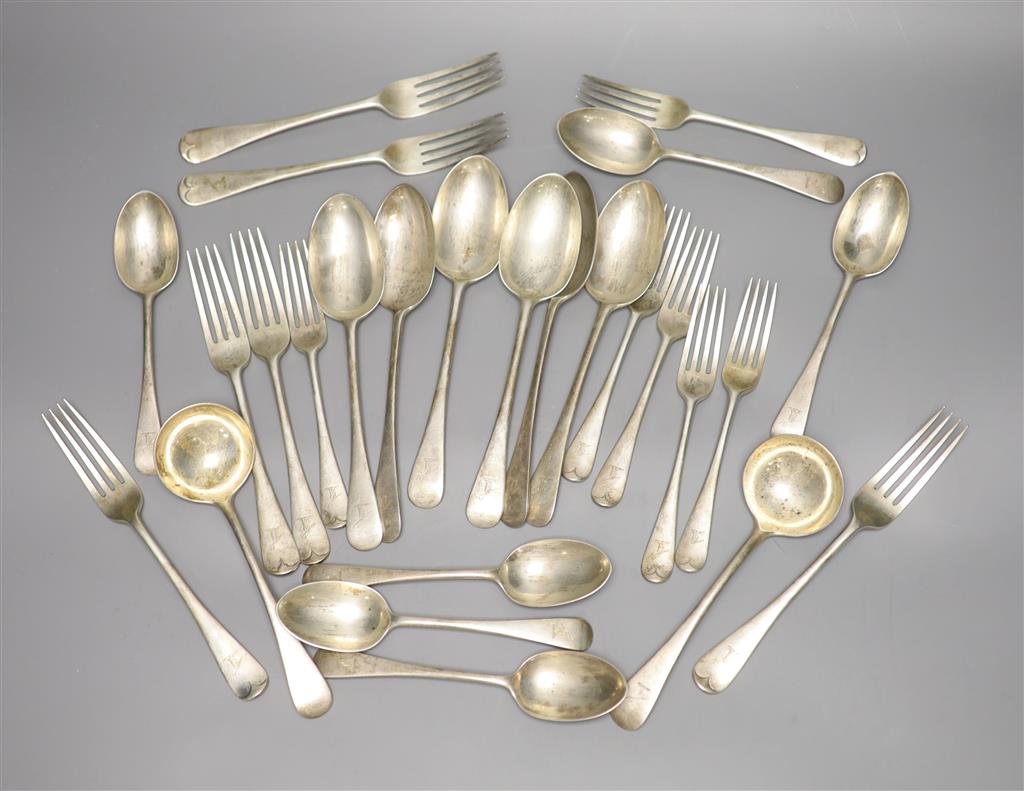 A Victorian twenty six piece part canteen of silver Old English pattern flatware, Francis Higgins, London 1891/2, 55oz.